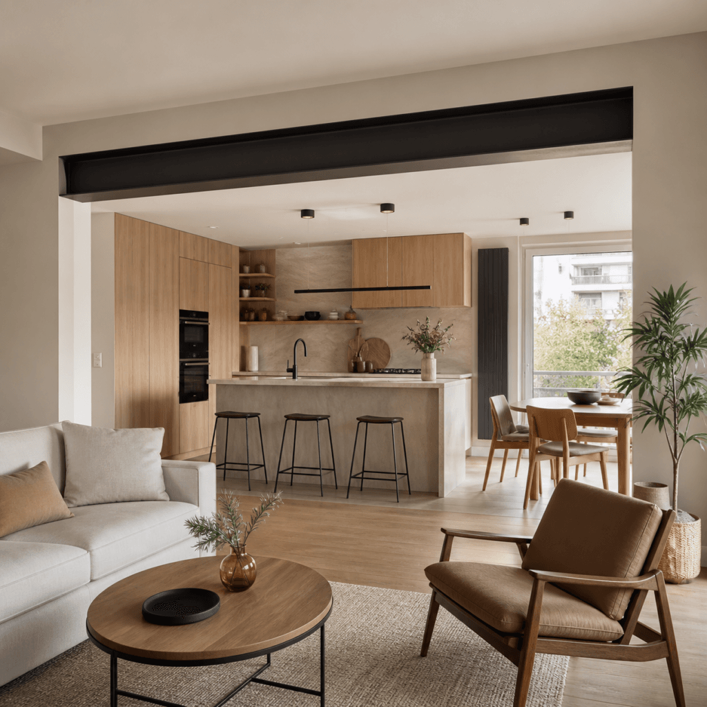 Cuisine ouverte sur le séjour avec ouverture structurelle dans un appartement rénové à Annemasse