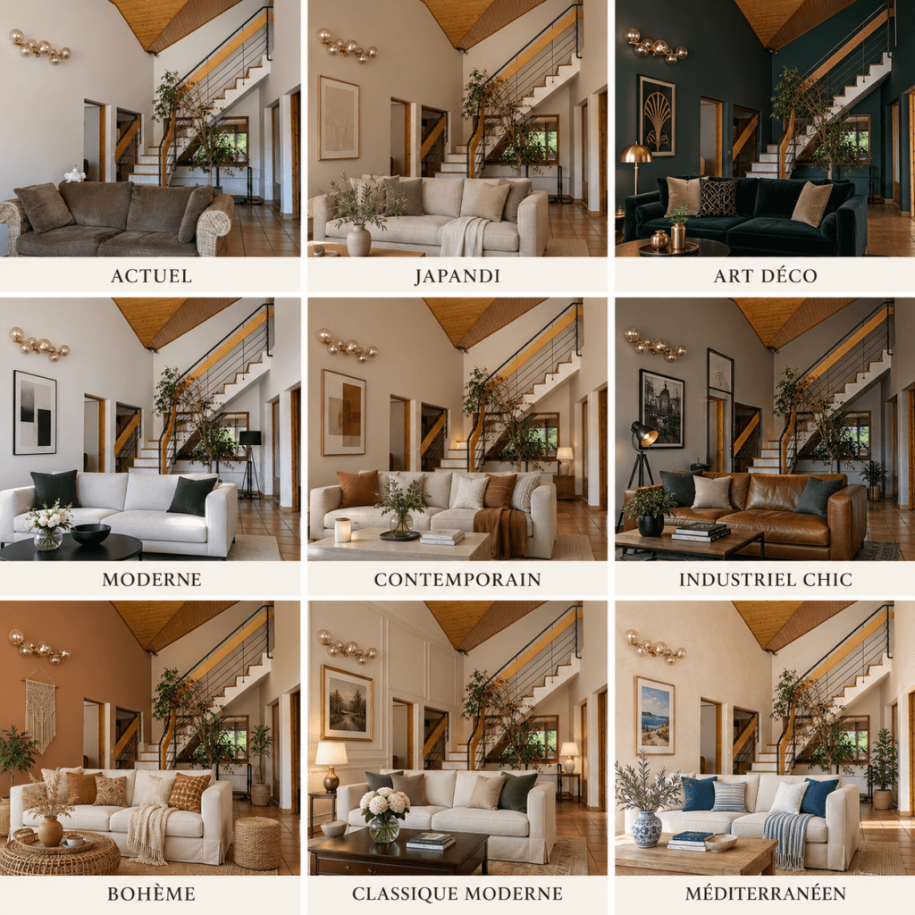 Comparatif de huit styles décoratifs appliqués au même salon à Gaillard, près d’Annemasse et Genève