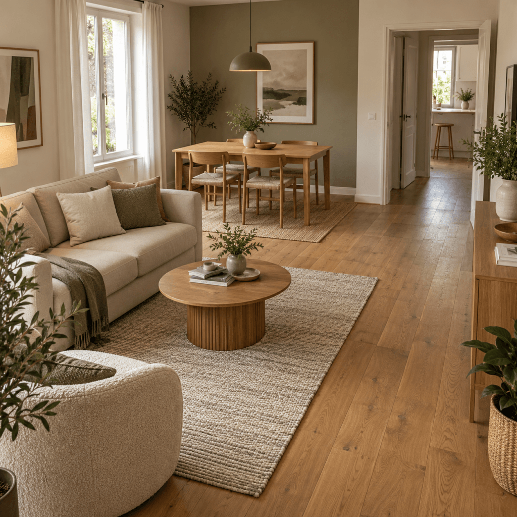 Séjour avec canapé, table à manger et passage dégagé autour du mobilier — illustration d’aménagement générée par IA.
