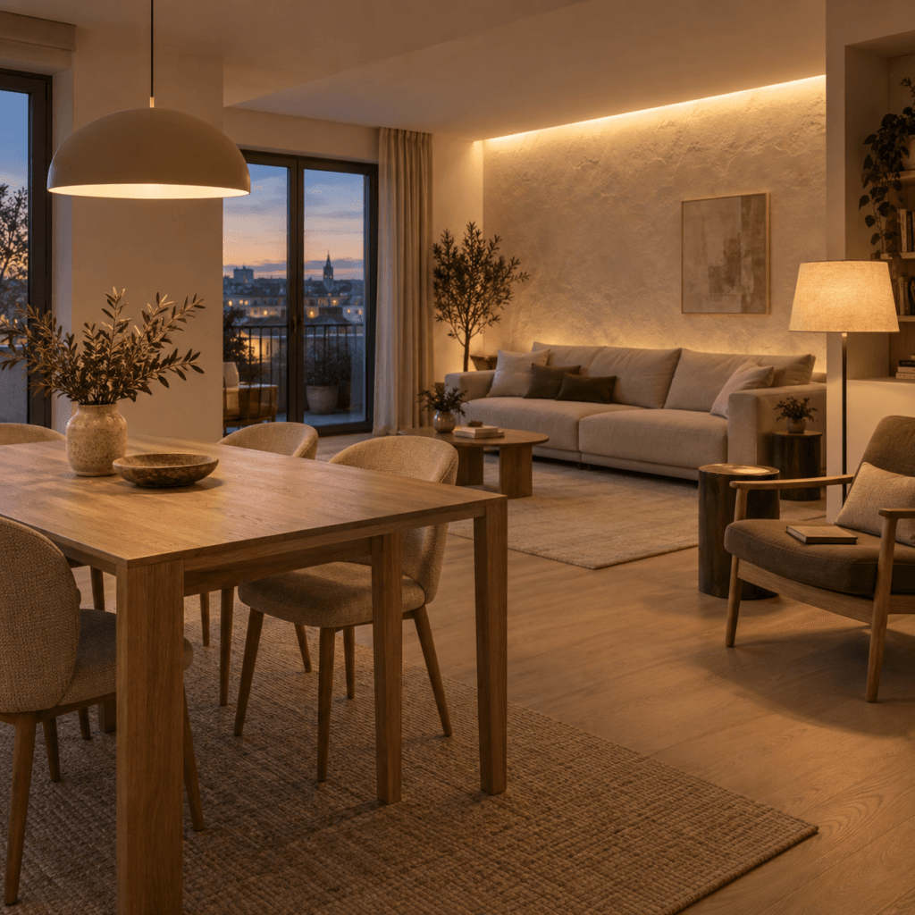 Salon contemporain avec éclairage d’ambiance chaleureux – ARTIP Architecture